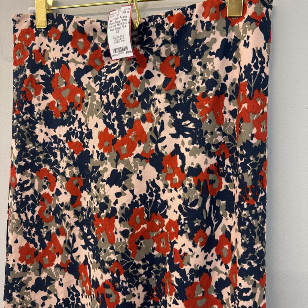Prana Navy/ Pink Print Midi Skirt Extra Small