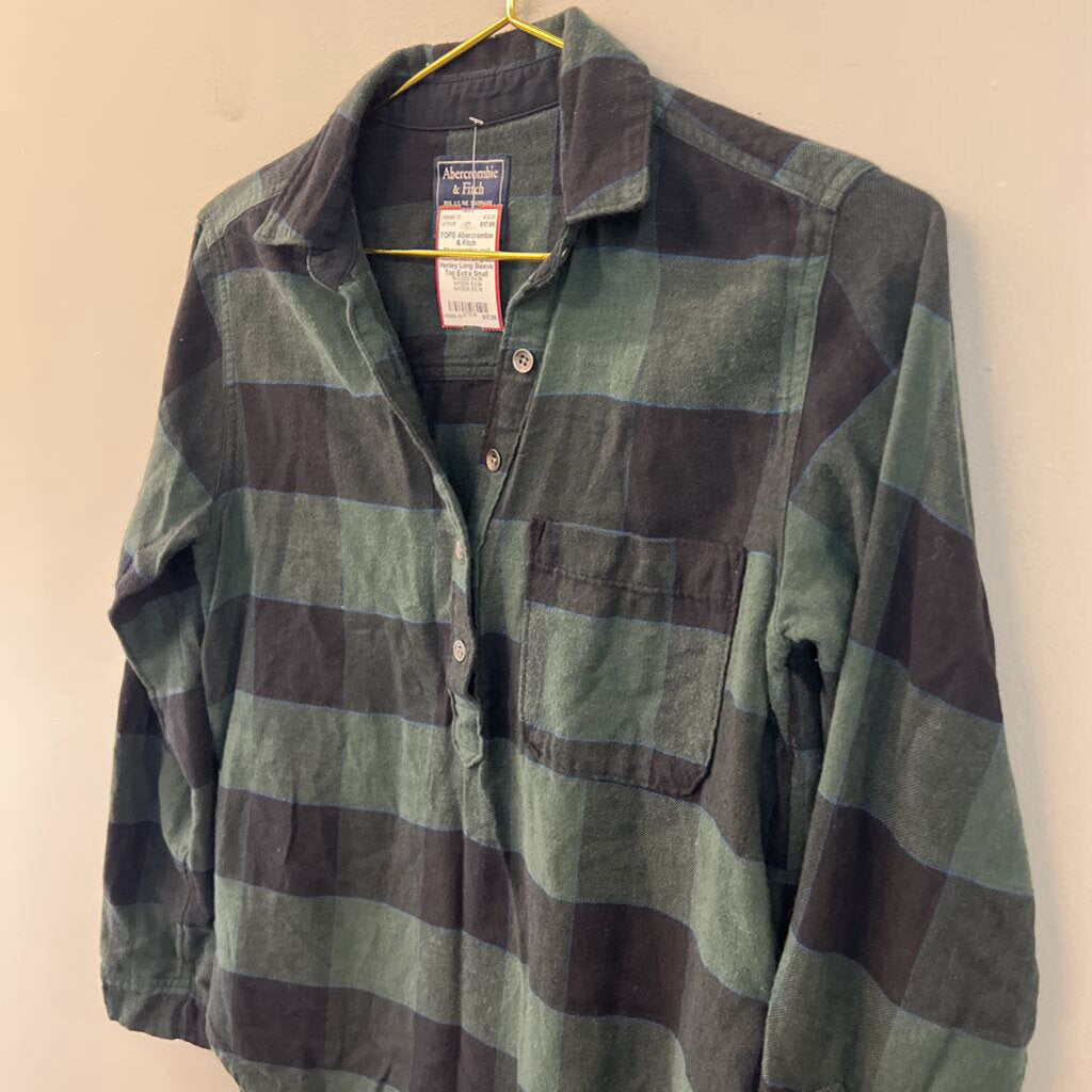 Abercrombie and Fitch Green Gingham Henley Long Sleeve Top Extra Small
