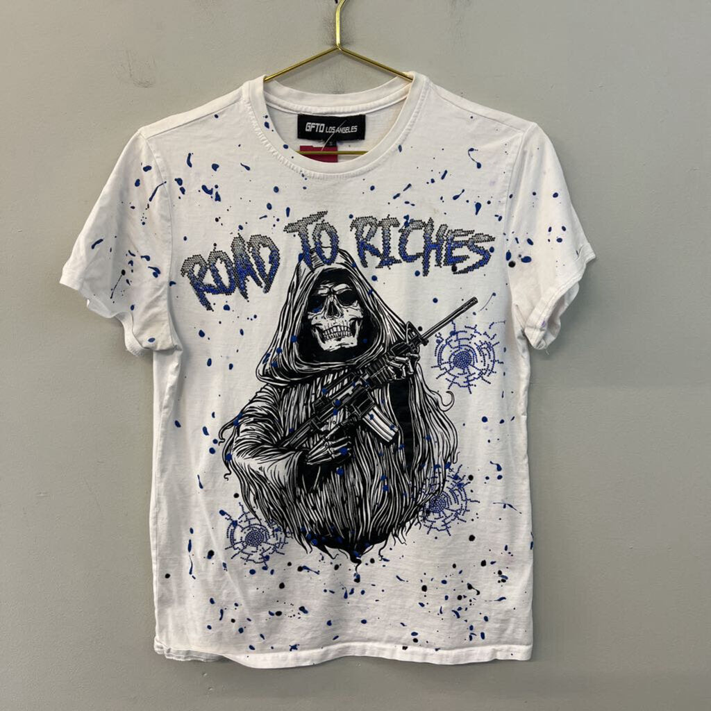 GFTD Los Angeles White/ Black Road To Riches Embellished Short Sleeve Graphic Tee Small