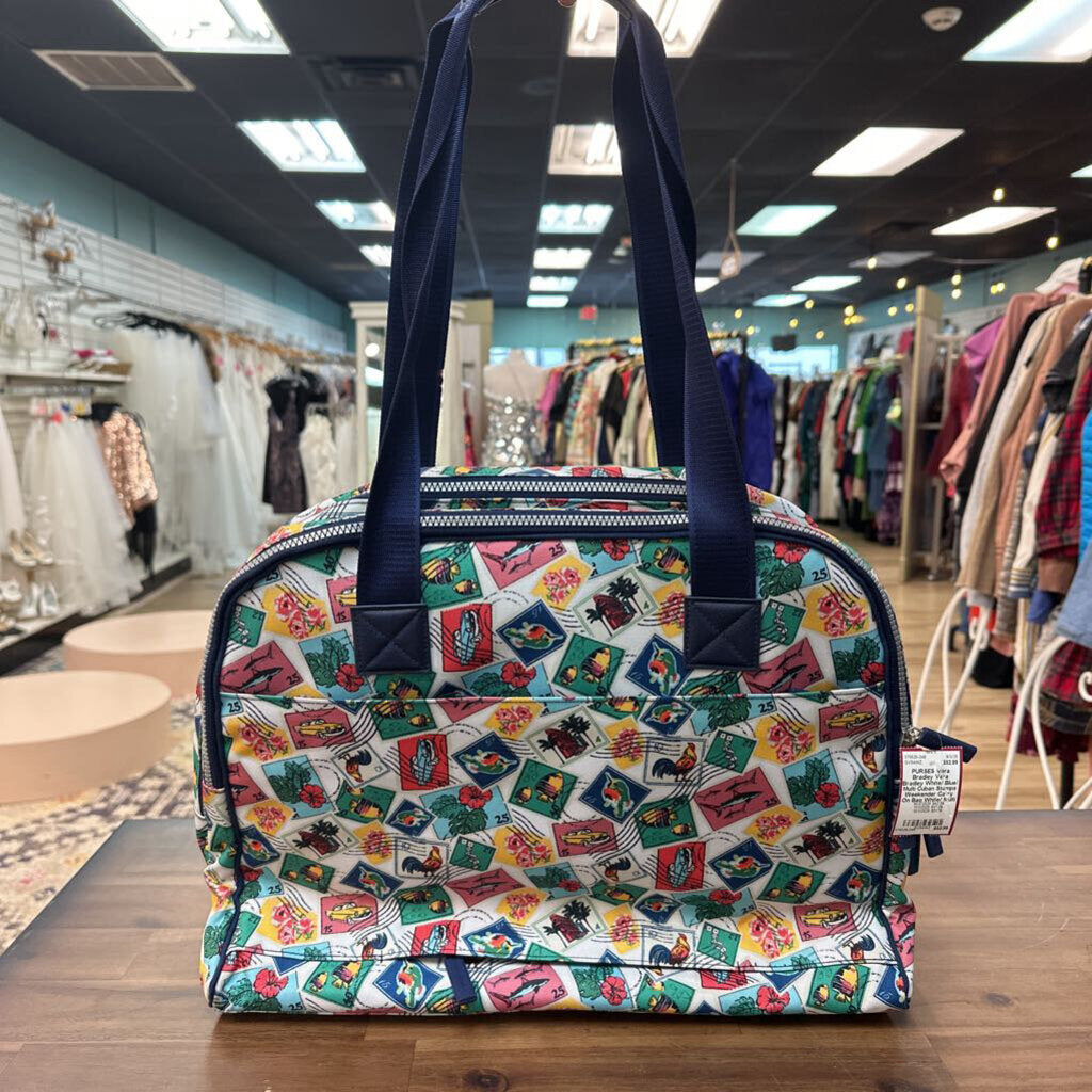 Vera Bradley White/ Blue/ Multi Cuban Stamps Weekender Carry On Bag