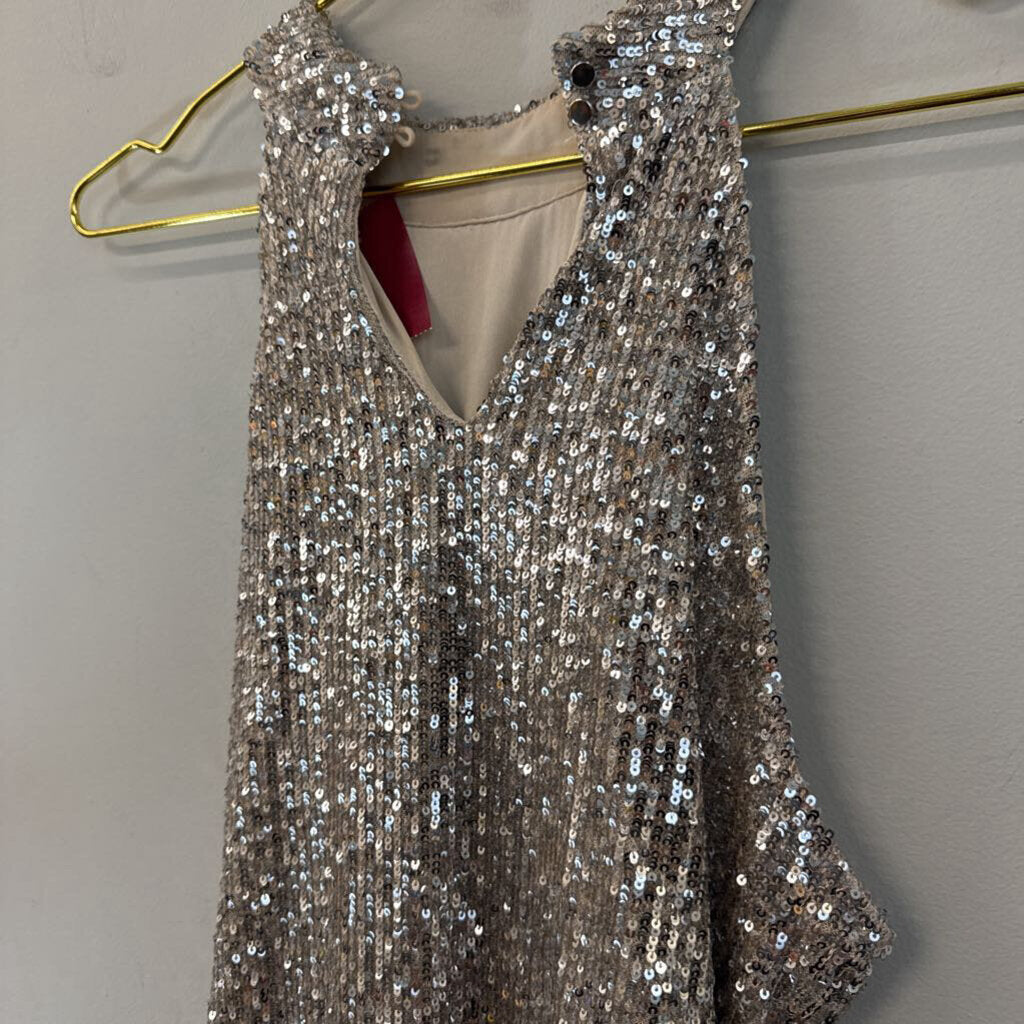 Cable and Gauge Beige/ Silver Sequin High Neck Tank Top Medium