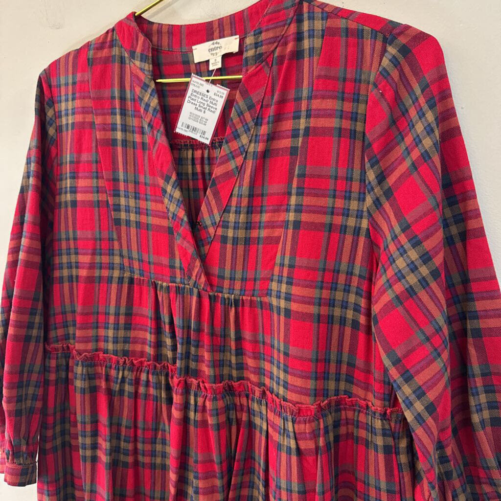 Entro Red/ Multi Plaid Long Sleeve Dress Small