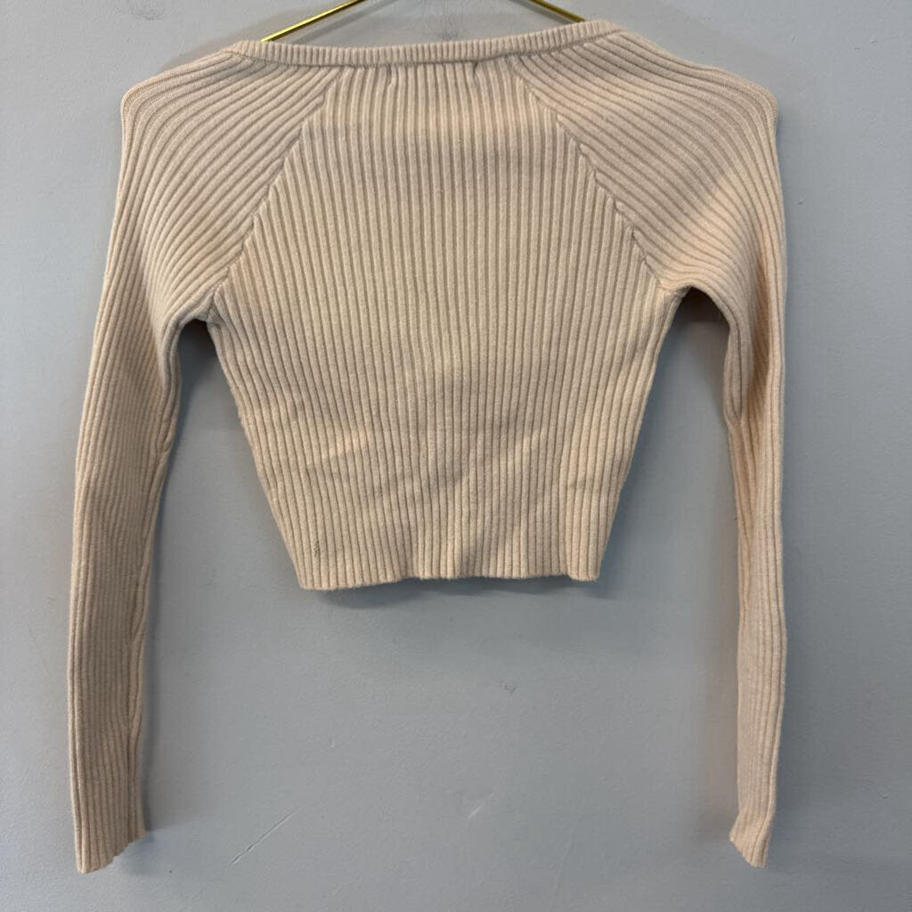 Lulus Beige Ribbed Cropped Long Sleeve Top Small