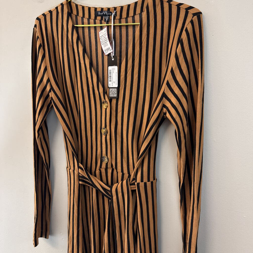 Velvet Heart Brown/ Black Striped Long Sleeve Midi Dress Medium