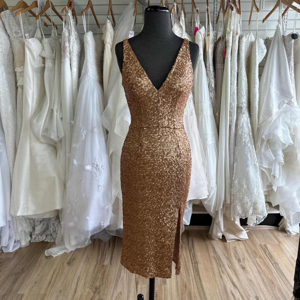 Dress The Population Gold Sequin Midi Dress Extra Small