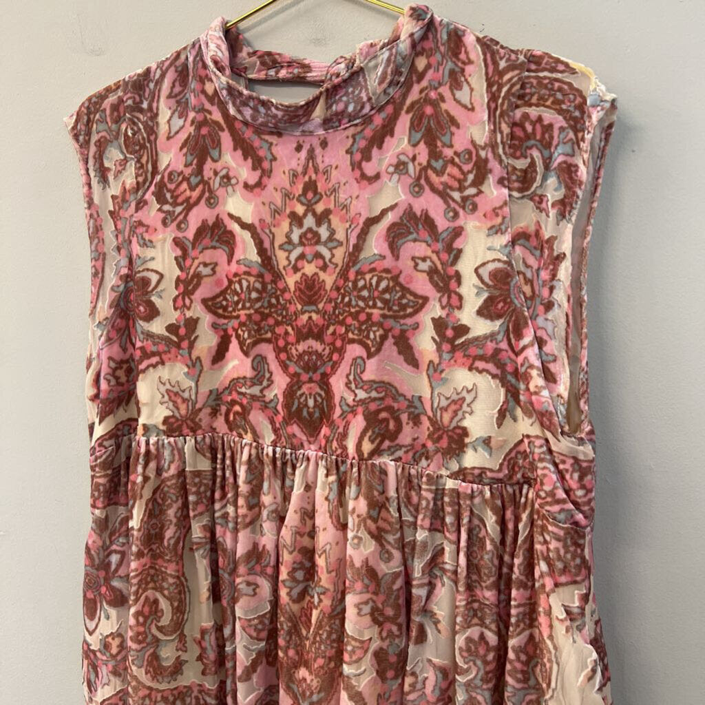 Free People Beige/ Pink Velvet Print Mock Neck Short Sleeve Baby Doll Dress Medium