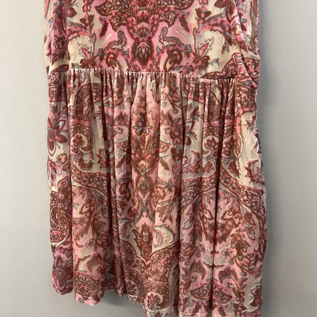 Free People Beige/ Pink Velvet Print Mock Neck Short Sleeve Baby Doll Dress Medium
