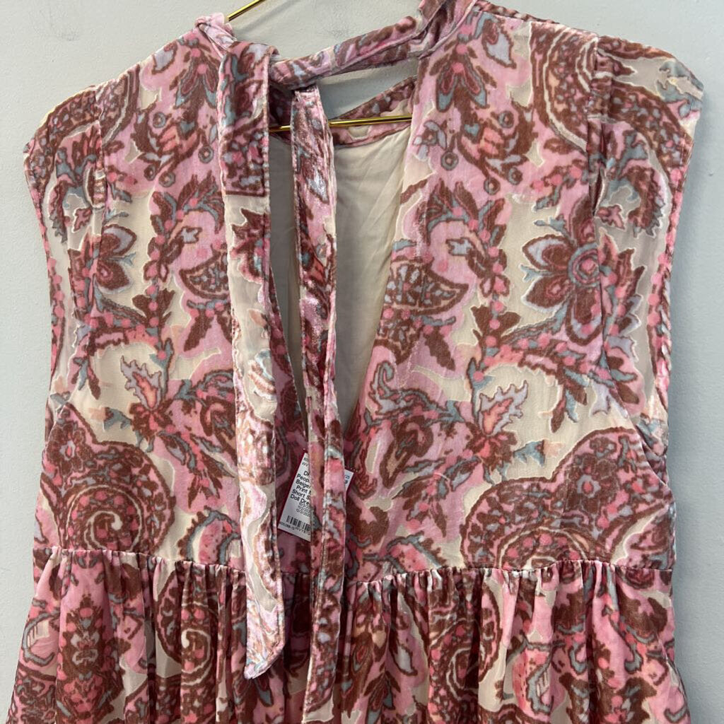 Free People Beige/ Pink Velvet Print Mock Neck Short Sleeve Baby Doll Dress Medium