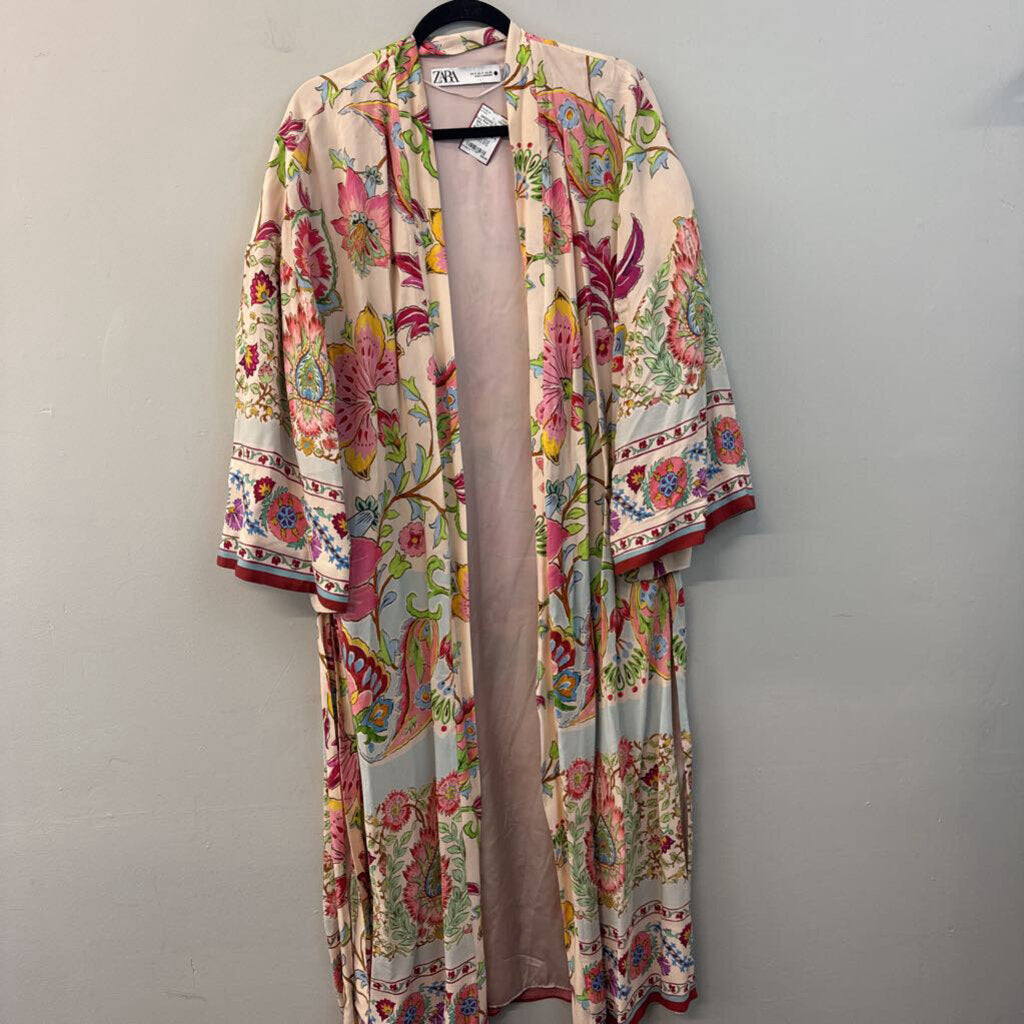 Zara Pink/ Multi Print Silky Long Sleeve Tie Waist Duster Small