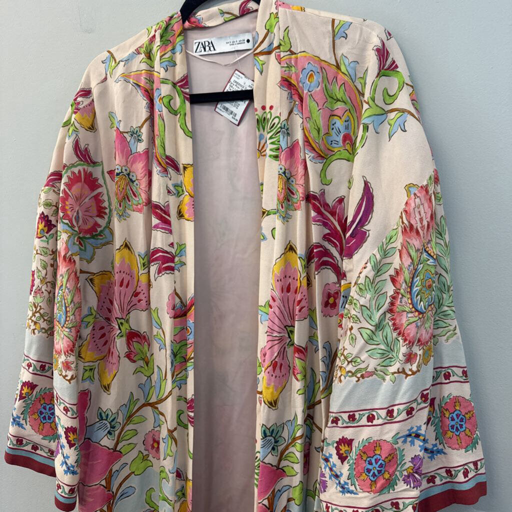 Zara Pink/ Multi Print Silky Long Sleeve Tie Waist Duster Small