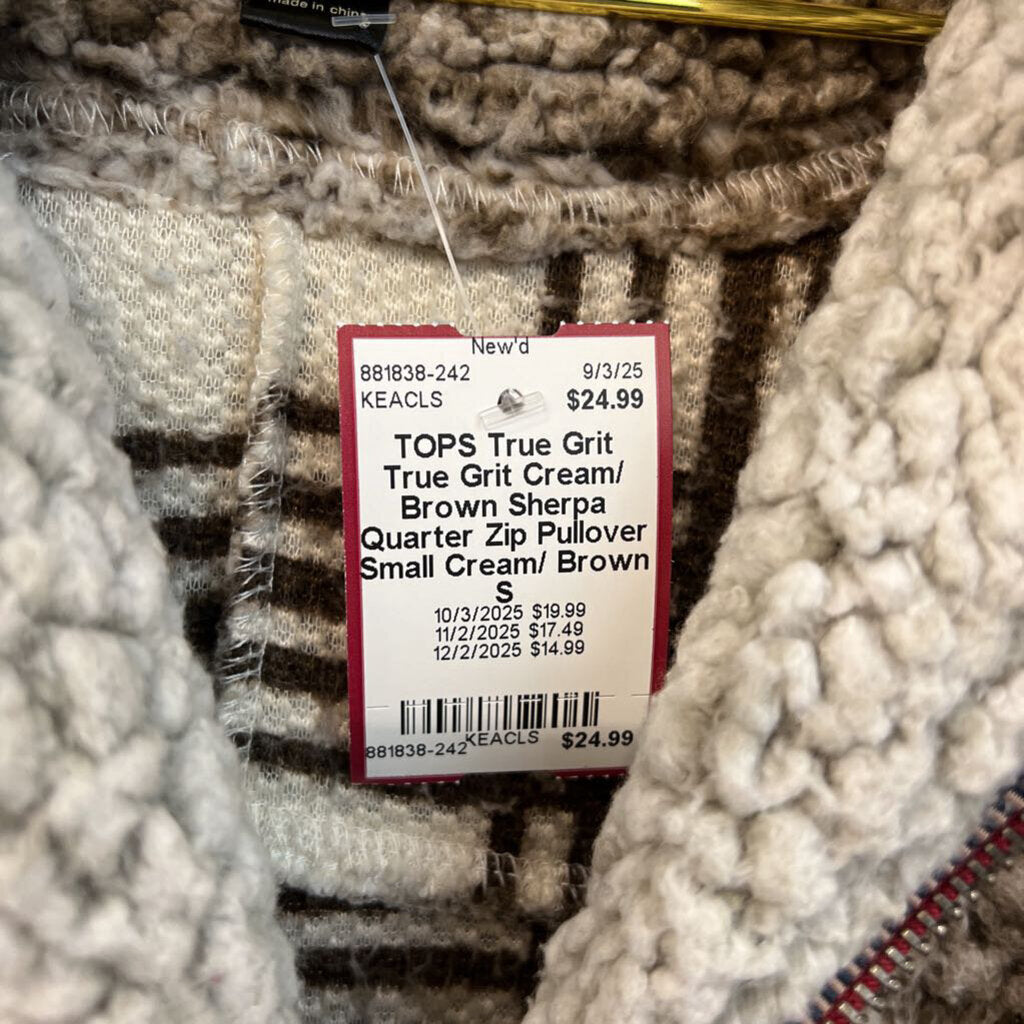 True Grit Cream/ Brown Sherpa Quarter Zip Pullover Small