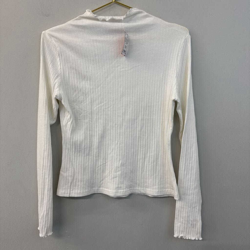 White Ribbed Ruffle Mock Neck Long Sleeve Top Large