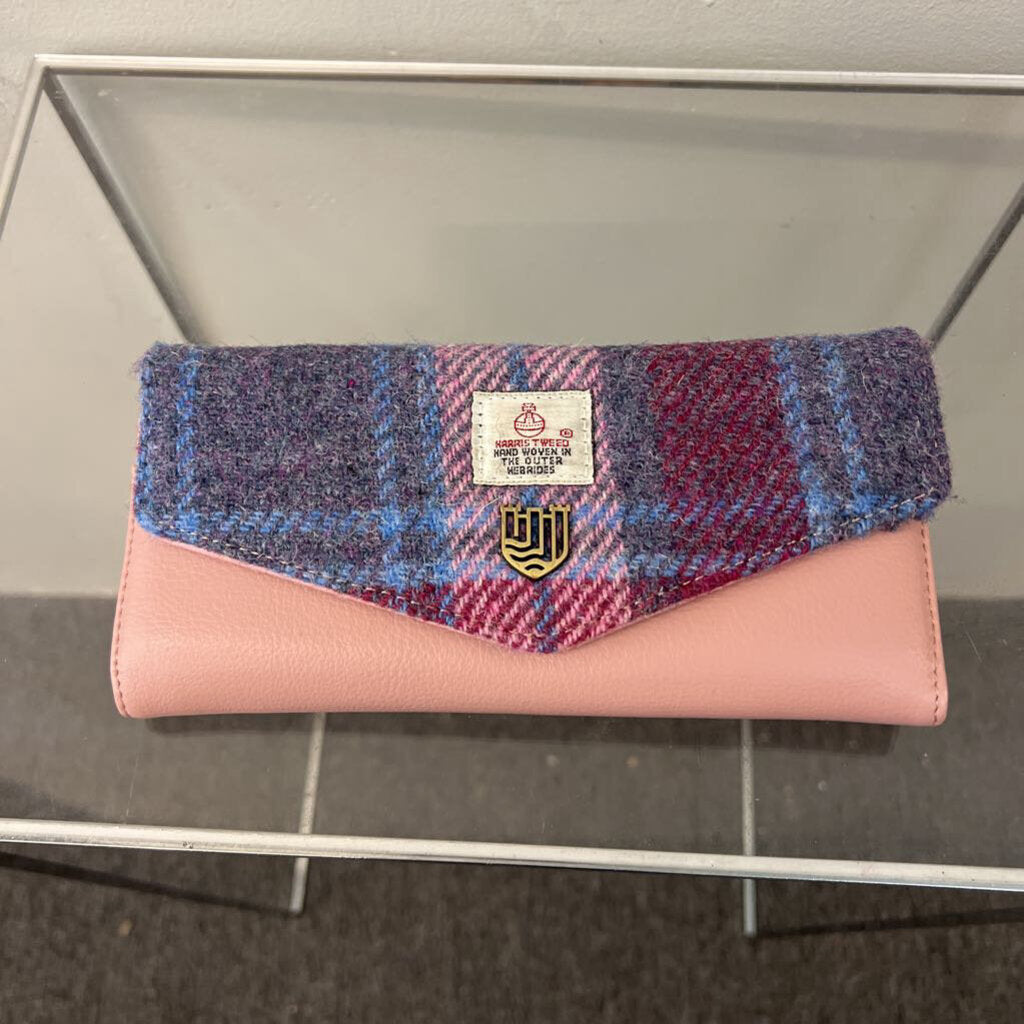 Harris Tweed Pink/ Blue Tartan Fold Over Wallet