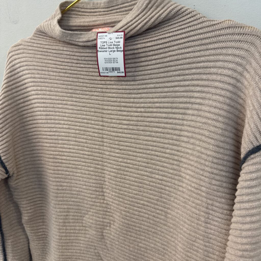 Lisa Todd Beige Ribbed Mock Neck Sweater Large