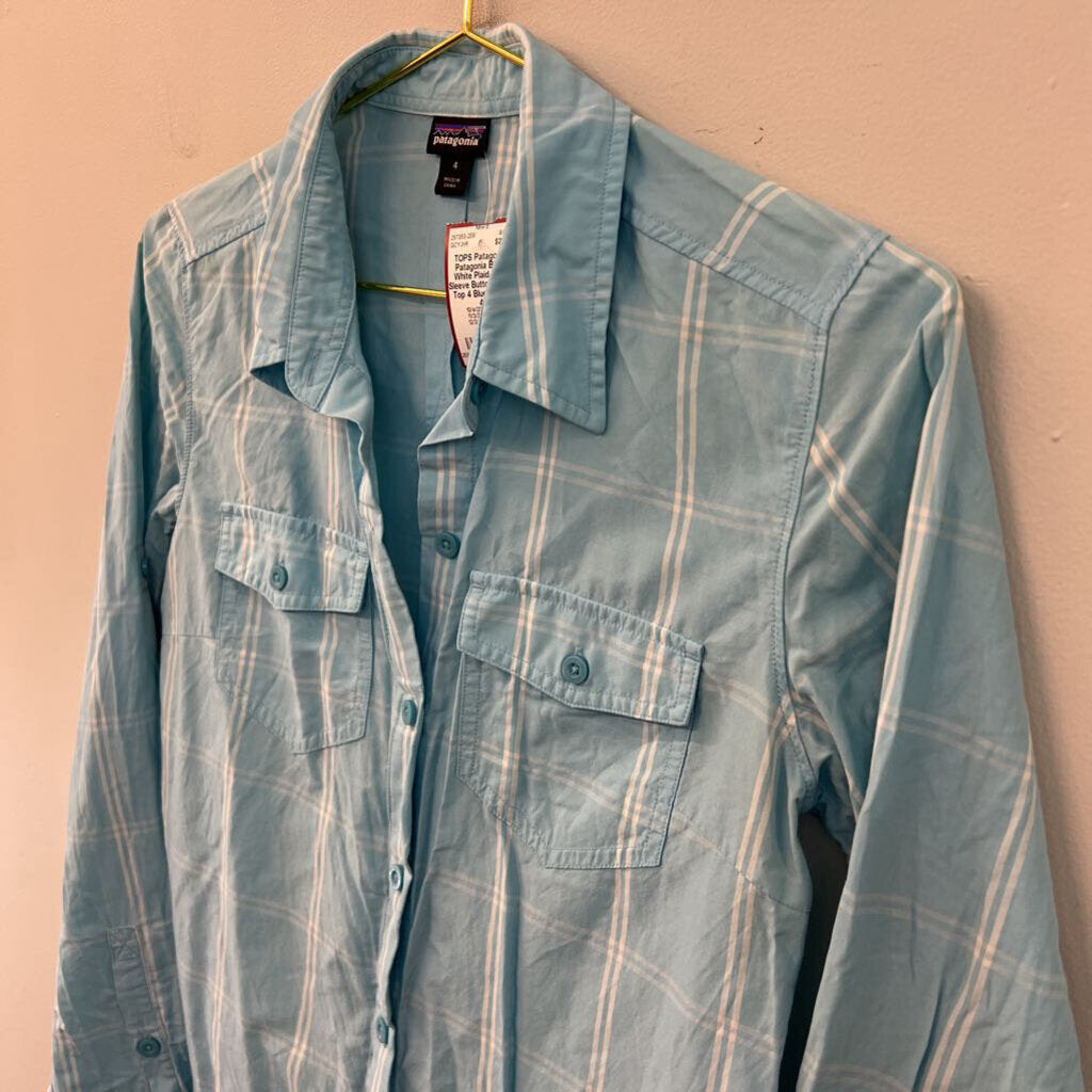 Patagonia Blue/ White Plaid Long Sleeve Button Down Top 4