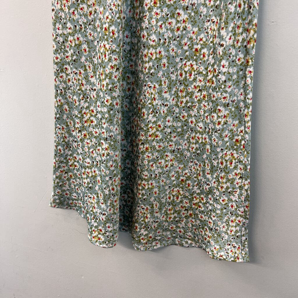 Know One Cares Green/ White Floral Print Silky Midi Skirt Small