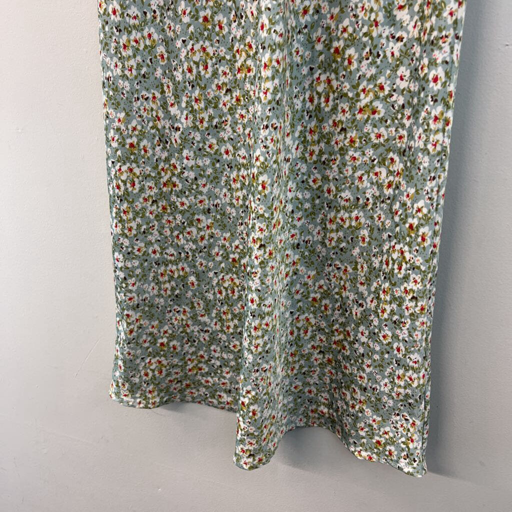 Know One Cares Green/ White Floral Print Silky Midi Skirt Small