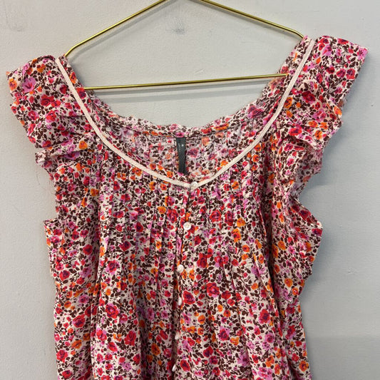 Anthropologie Pink/ Orange Flower Print Button Front Top Extra Small