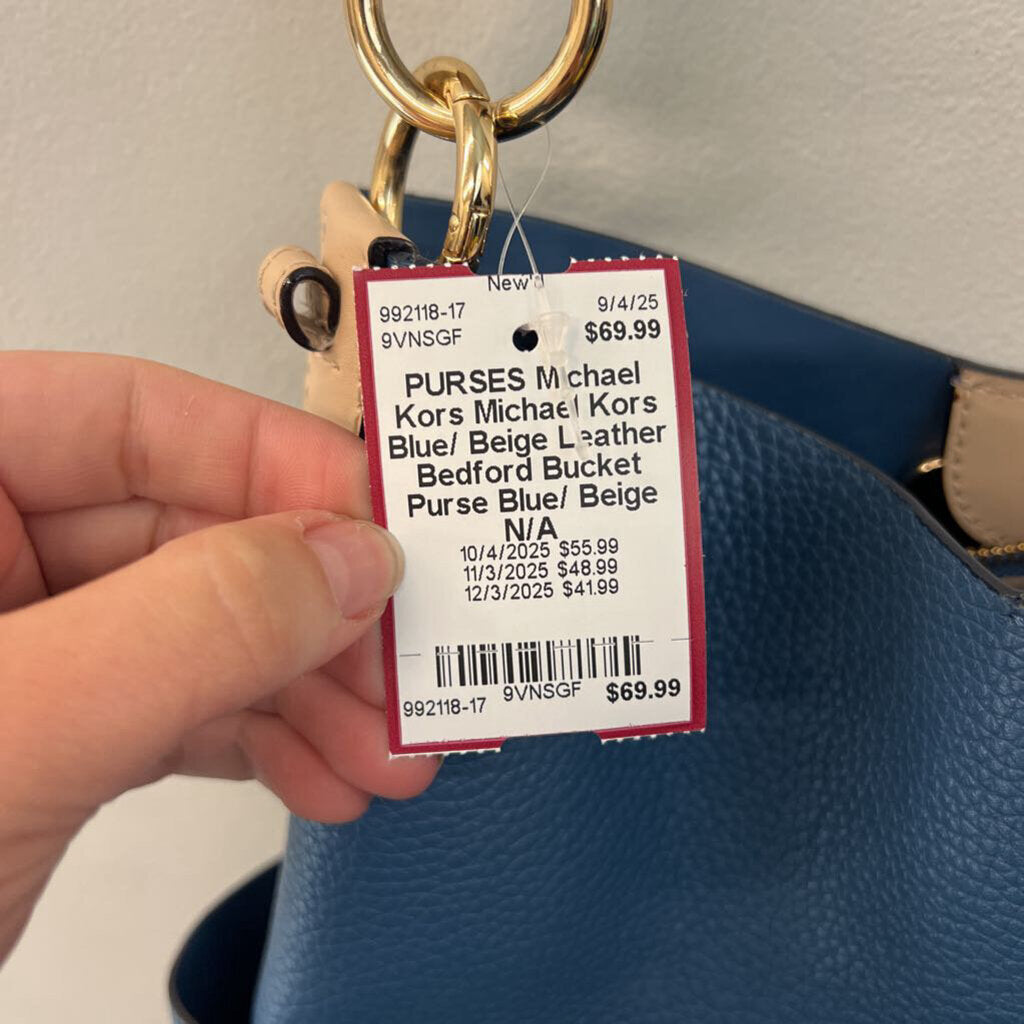 Michael Kors Blue/ Beige Leather Bedford Bucket Purse