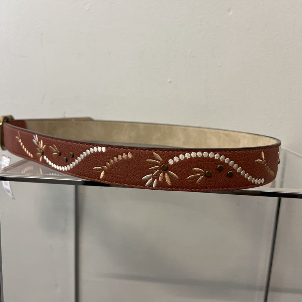 Brown Leather Embroidered Belt Large
