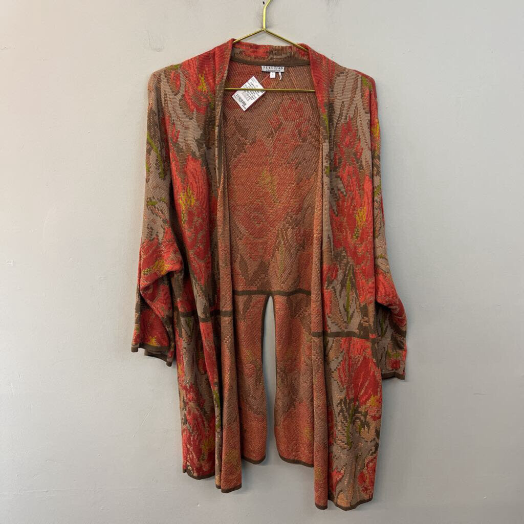 Peruvian Connection Orange/ Multi Print Long Sleeve Open Front Top Extra Large