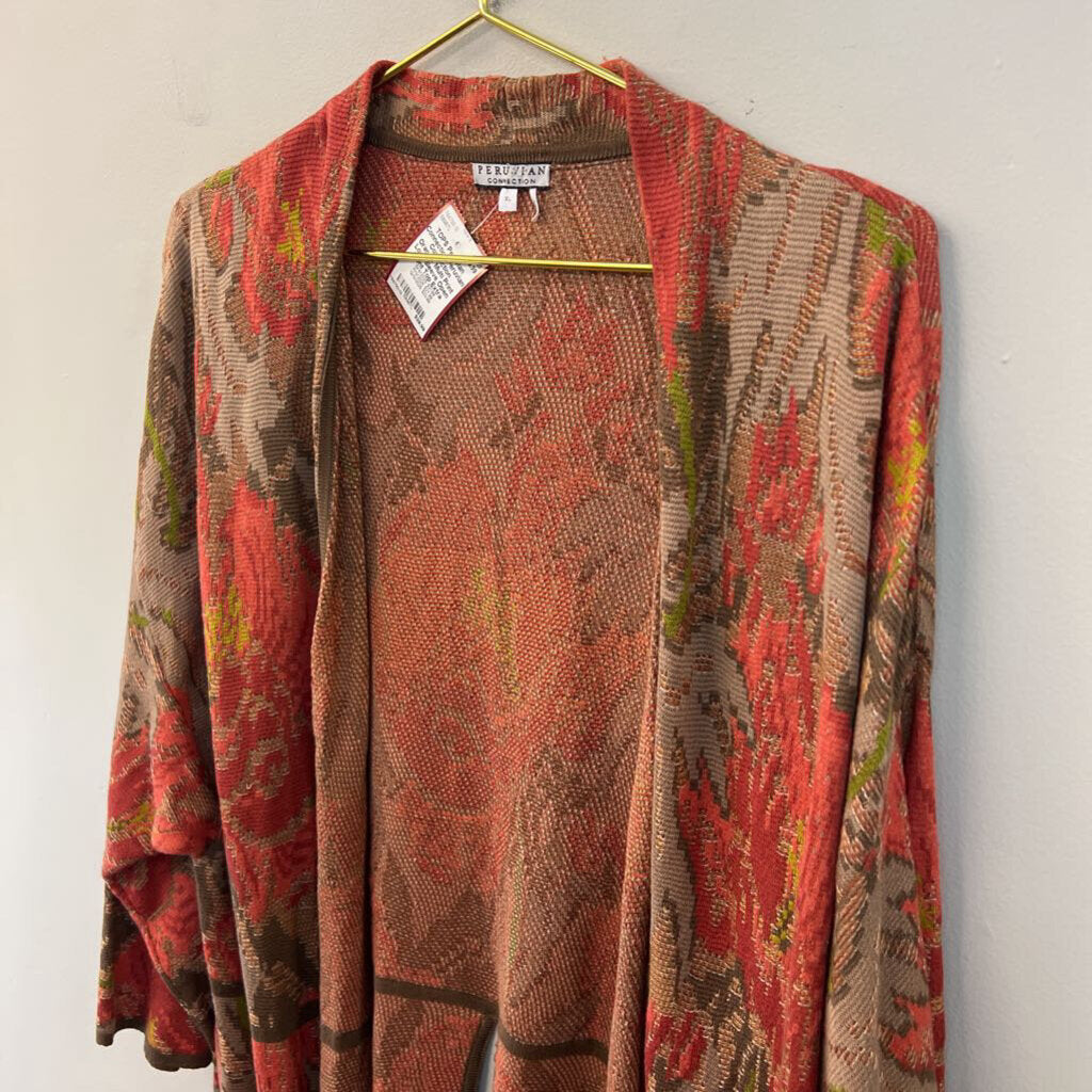 Peruvian Connection Orange/ Multi Print Long Sleeve Open Front Top Extra Large