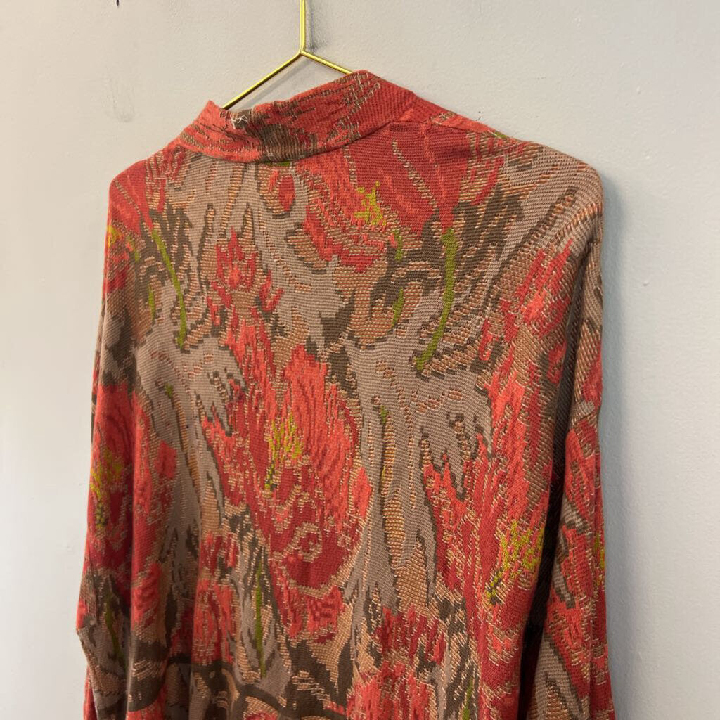 Peruvian Connection Orange/ Multi Print Long Sleeve Open Front Top Extra Large