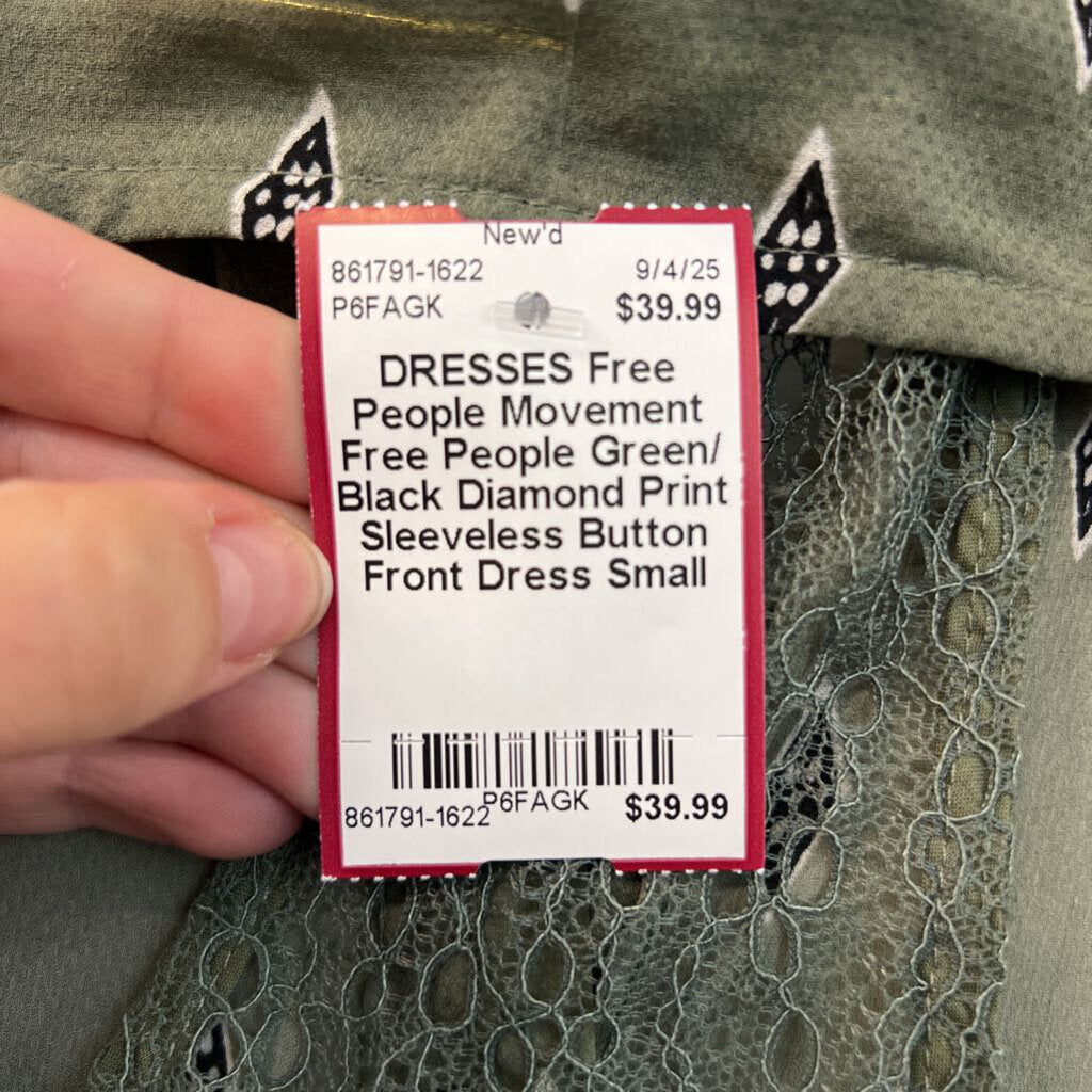 Free People Green/ Black Diamond Print Sleeveless Button Front Dress Small