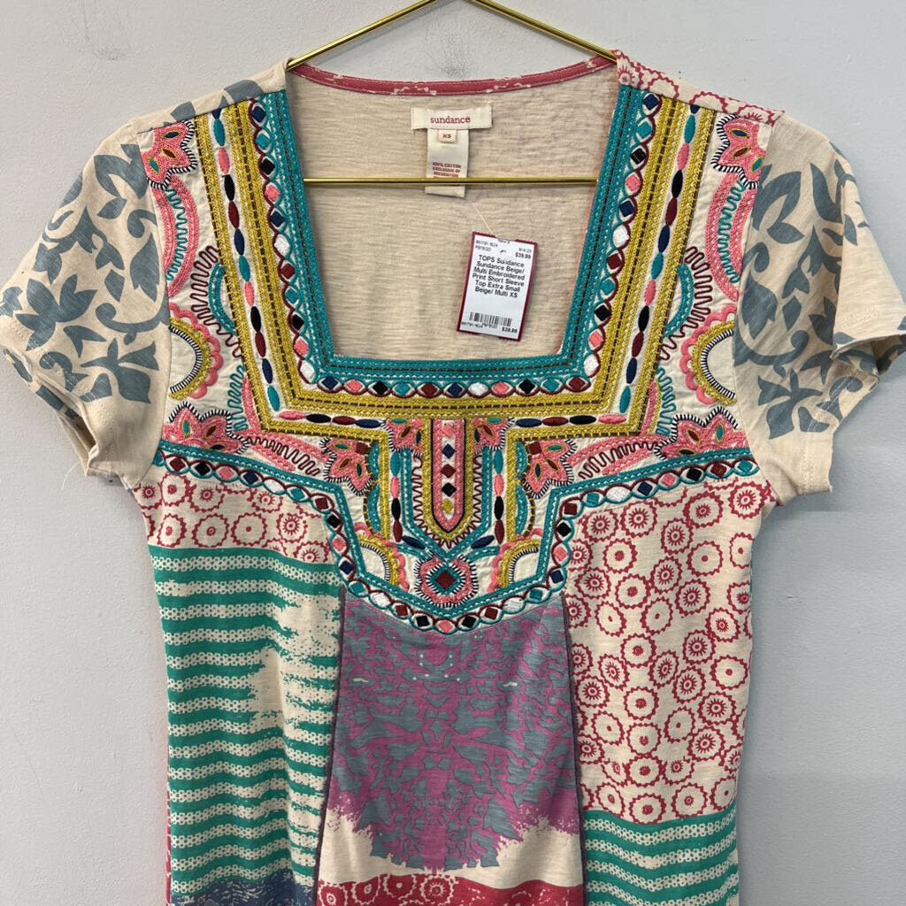 Sundance Beige/ Multi Embroidered Print Short Sleeve Top Extra Small