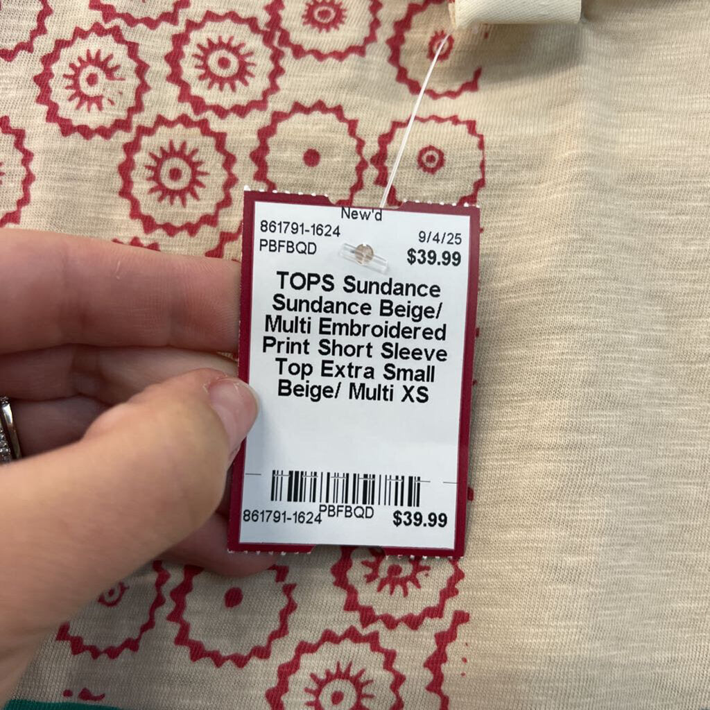 Sundance Beige/ Multi Embroidered Print Short Sleeve Top Extra Small