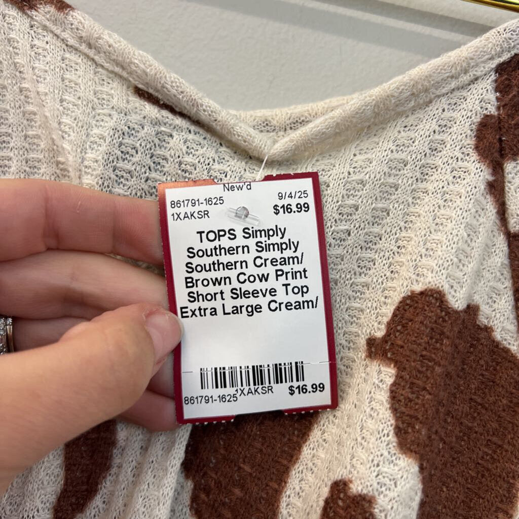 Simply Southern Cream/ Brown Cow Print Short Sleeve Top Extra Large