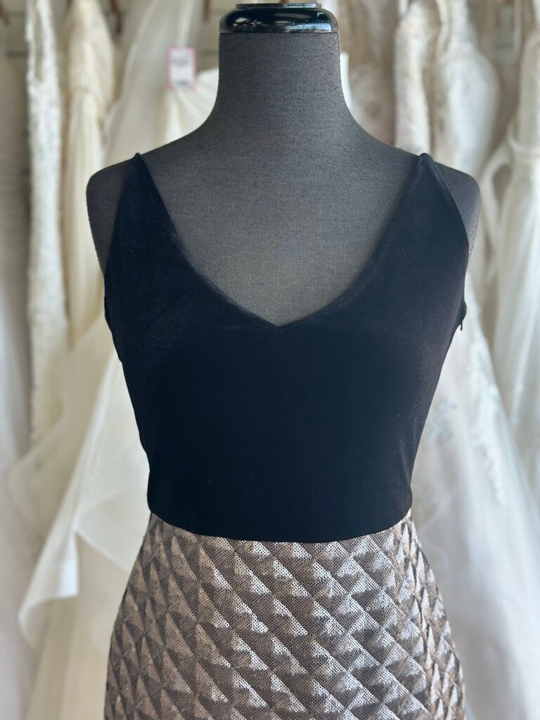 Black Halo Black Velvet Top Gunmetal Sequin Skirt Midi Dress 2