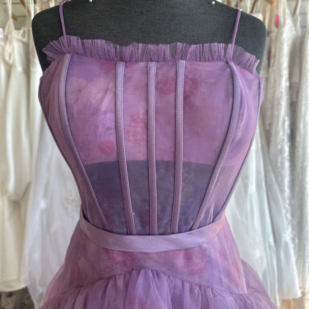 Purple Floral Print Corset Top Tiered Skirt Long Formal Dress 10