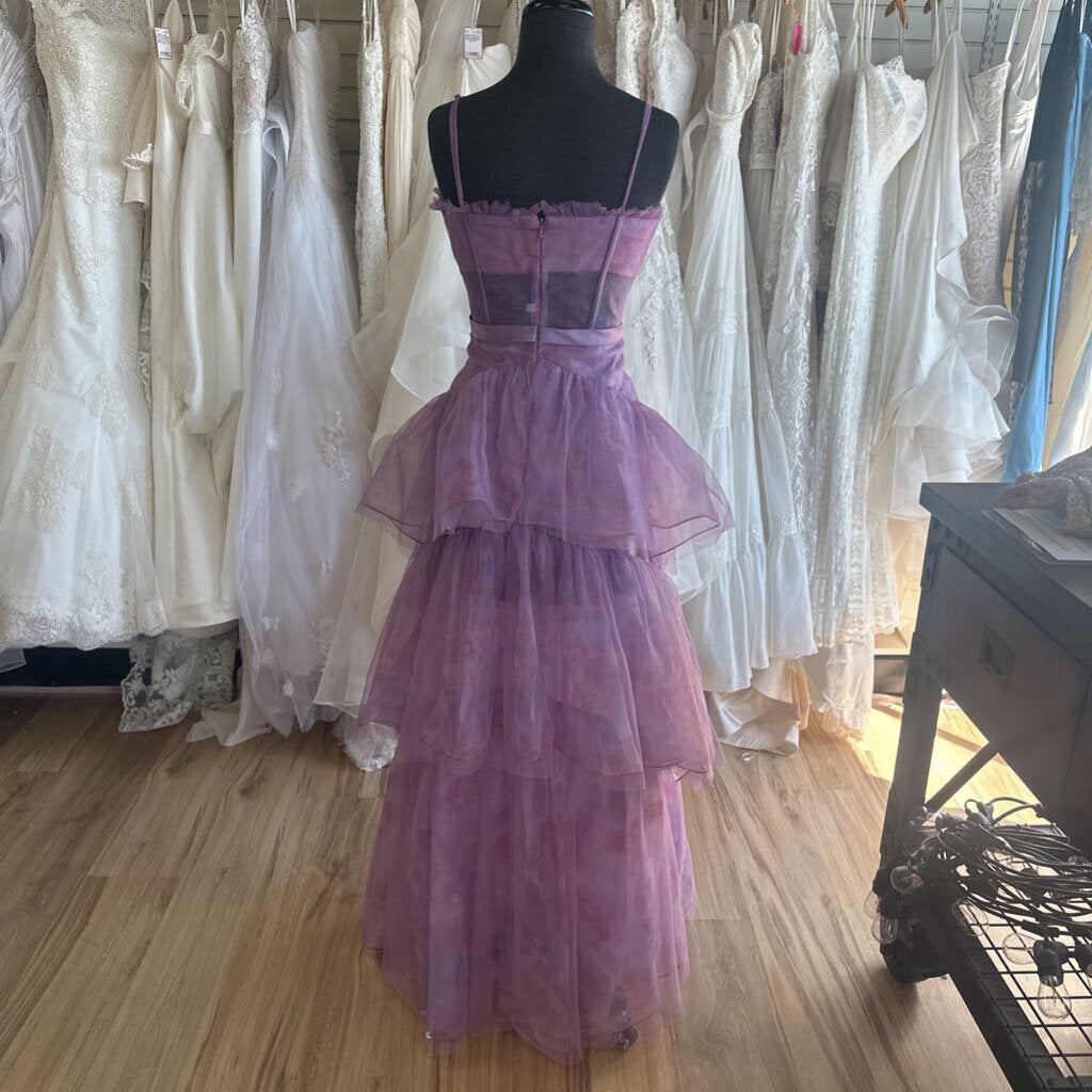 Purple Floral Print Corset Top Tiered Skirt Long Formal Dress 10