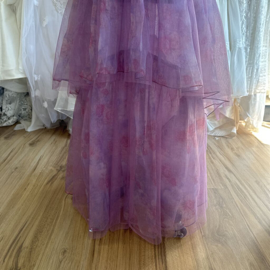 Purple Floral Print Corset Top Tiered Skirt Long Formal Dress 10