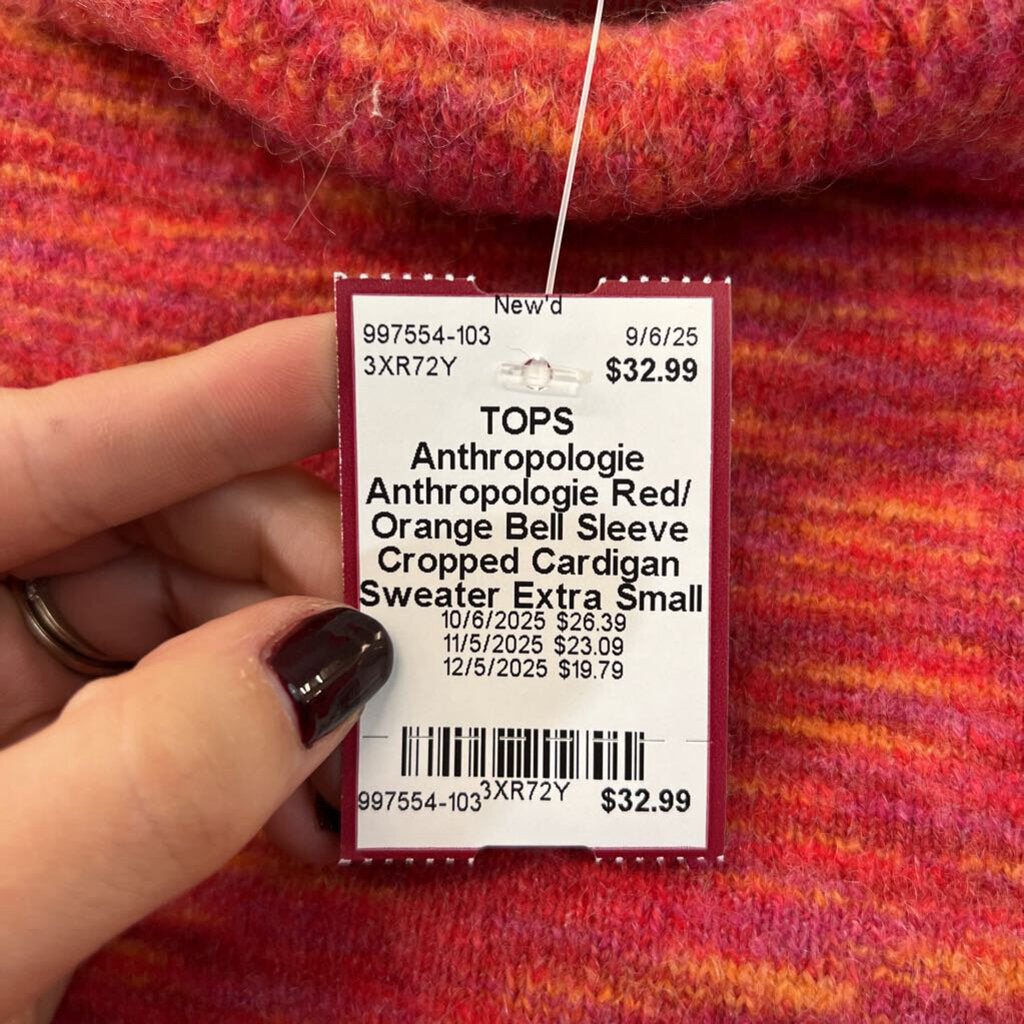 Anthropologie Red/ Orange Bell Sleeve Cropped Cardigan Sweater Extra Small