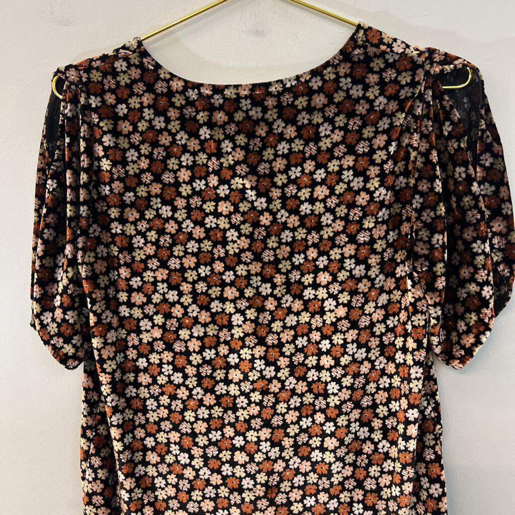 Madewell Black/ Brown Velvet Flower Print Short Sleeve Top XXS