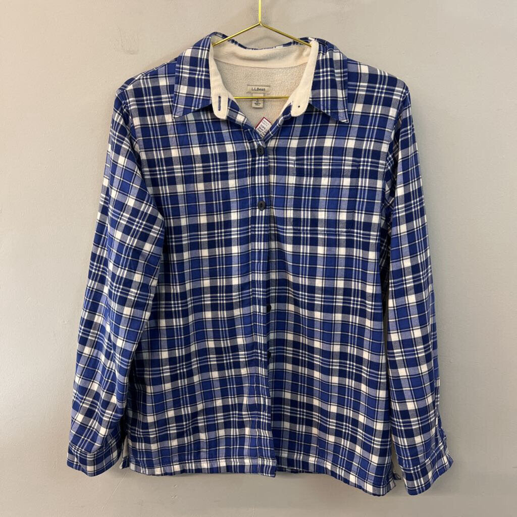 LL Bean White/ Blue Plaid Fleece Lined Long Sleeve Button Down Top Small