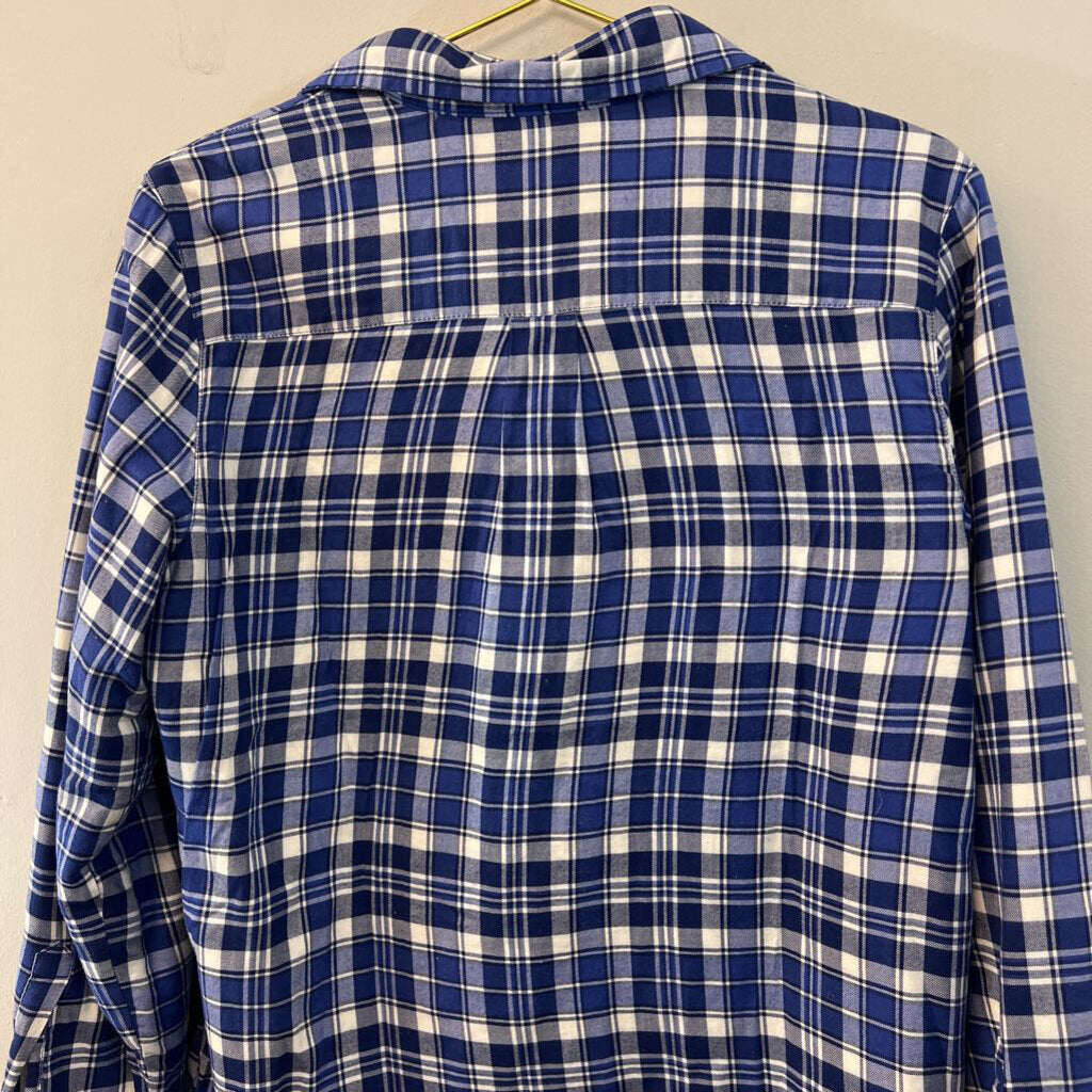 LL Bean White/ Blue Plaid Fleece Lined Long Sleeve Button Down Top Small