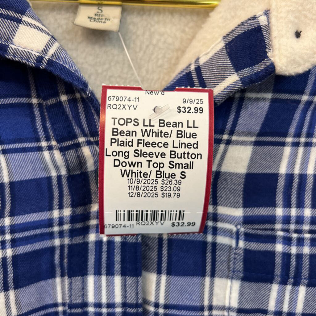 LL Bean White/ Blue Plaid Fleece Lined Long Sleeve Button Down Top Small