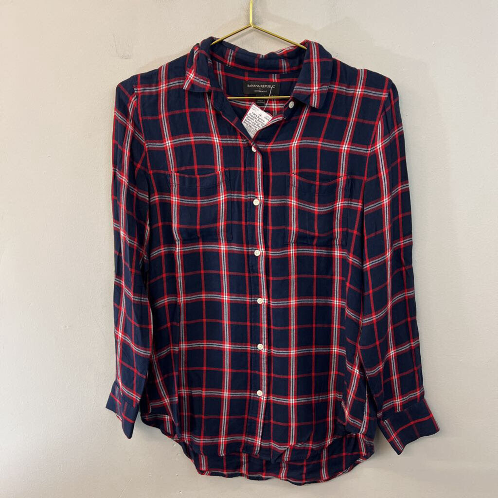 Banana Republic Navy/ Red Plaid Long Sleeve Button Down Top Small
