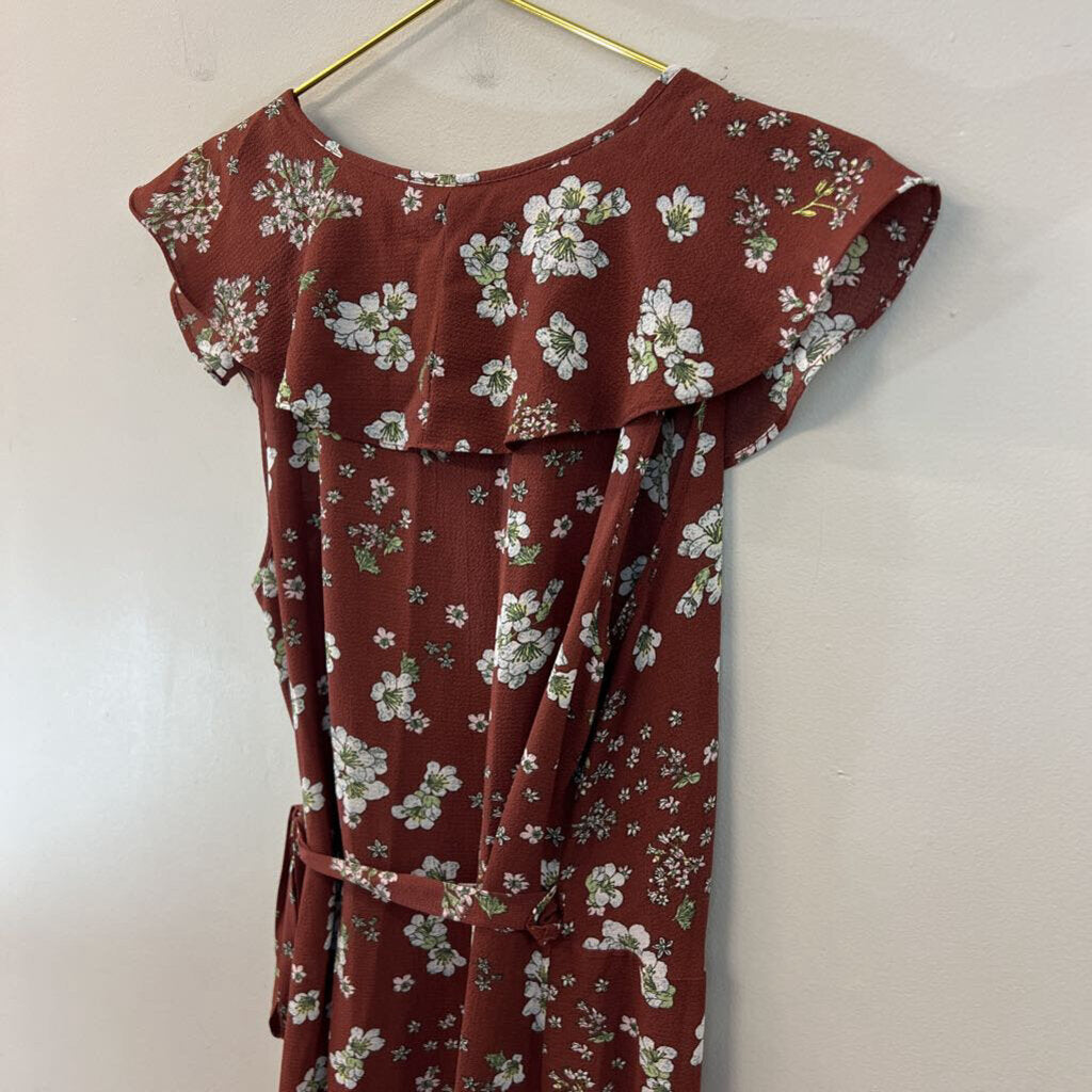 Max Studio Brown/ White Flower Print Ruffle Detail Wrap Dress Medium
