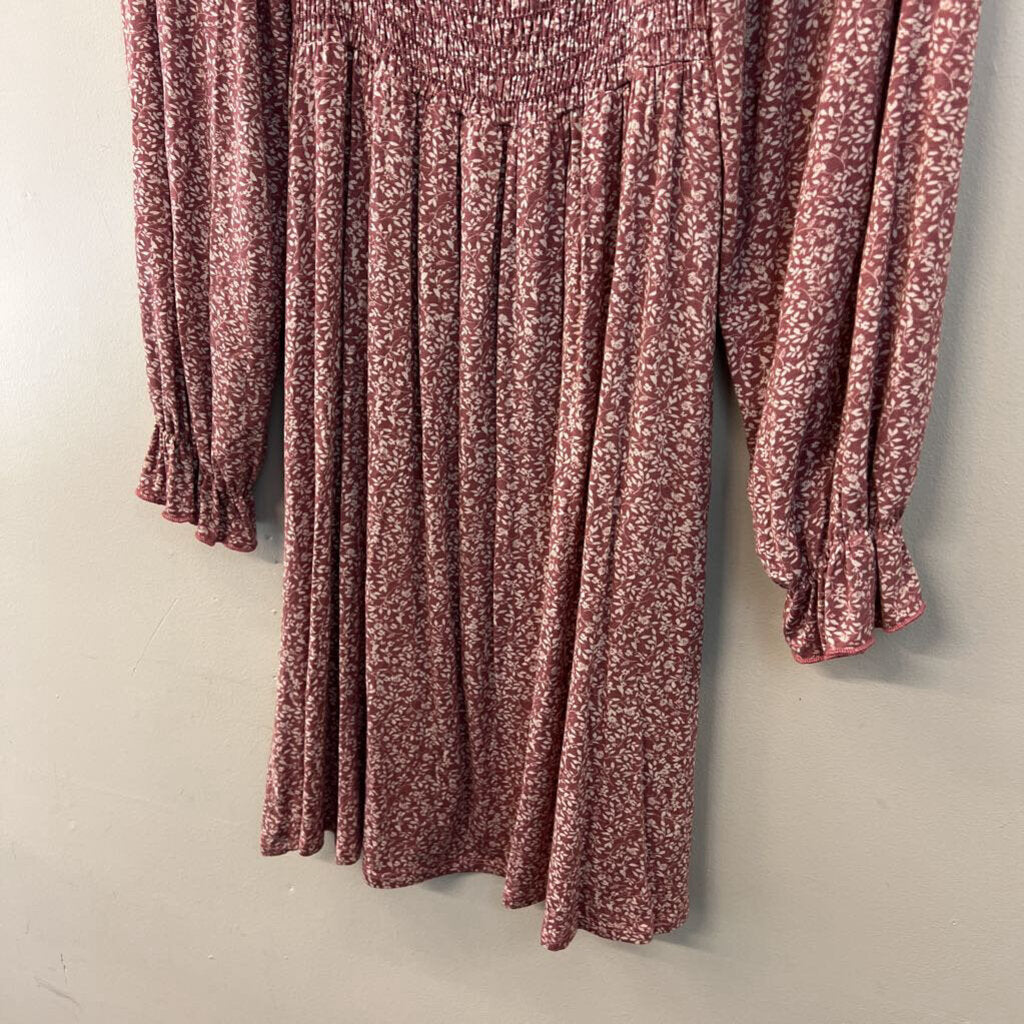 First Love Pink/ White Print Smocked Top Long Sleeve Dress Small