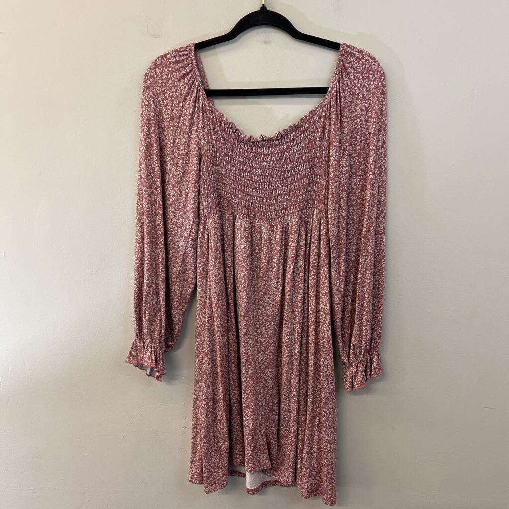First Love Pink/ White Print Smocked Top Long Sleeve Dress Small