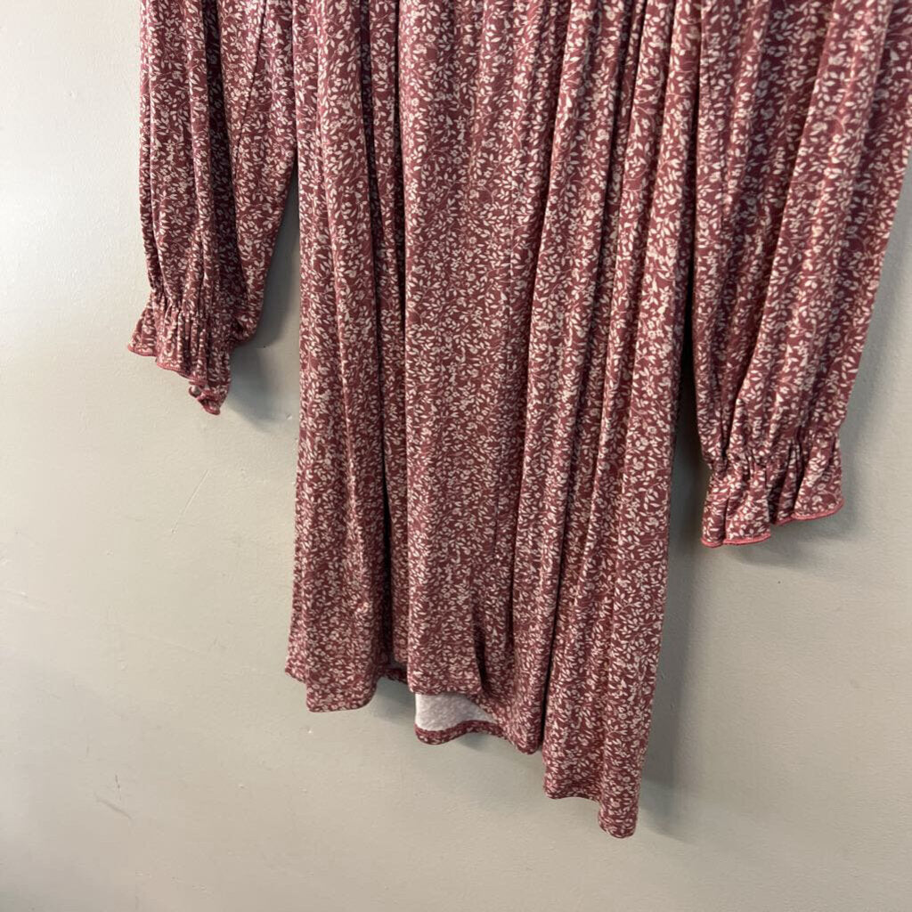 First Love Pink/ White Print Smocked Top Long Sleeve Dress Small
