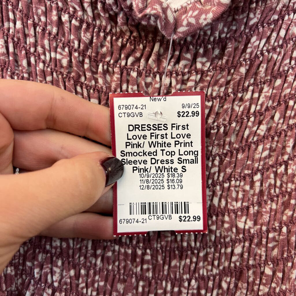 First Love Pink/ White Print Smocked Top Long Sleeve Dress Small