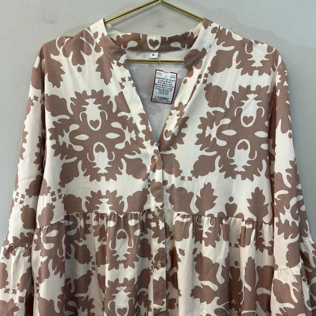 Cream/ Brown Print Silky Long Sleeve Button Down Dress Extra Large