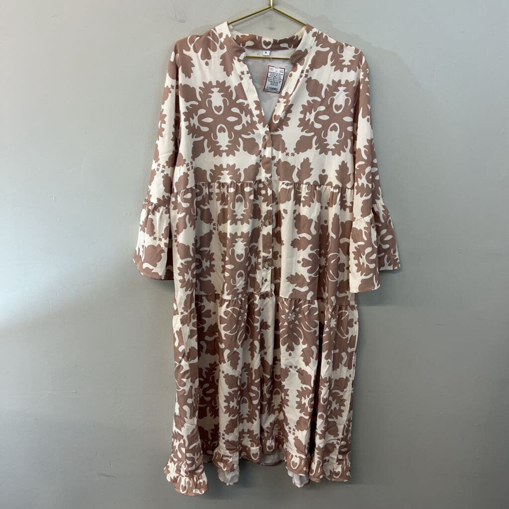 Cream/ Brown Print Silky Long Sleeve Button Down Dress Extra Large
