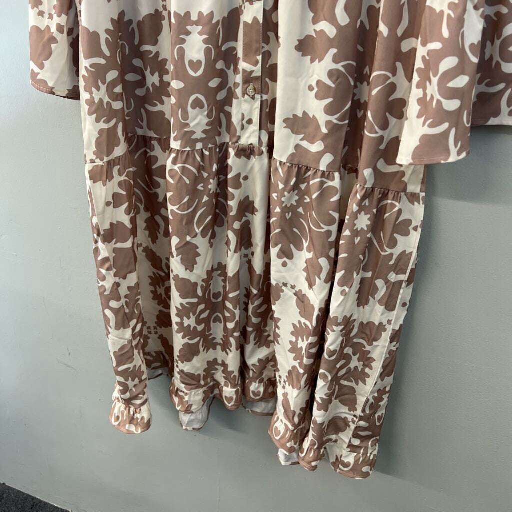 Cream/ Brown Print Silky Long Sleeve Button Down Dress Extra Large