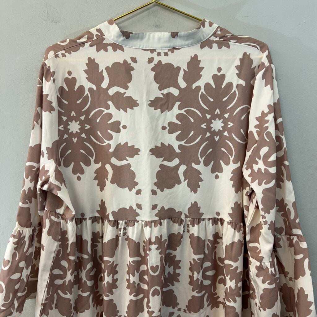 Cream/ Brown Print Silky Long Sleeve Button Down Dress Extra Large